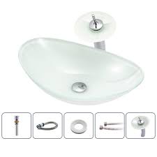 Sink is made from tempered glass faucet is constructed from solid brass all mounting hardware and hot/cold waterlines are included Sink And Faucet Set White Ingot Basin Tempered Glass Bathroom Countertop Waterfall Vessel Sink Tap Bwy19 119