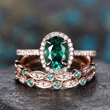 Emerald Engagement Ring Set 14k Rose Gold Natural Emerald Ring Etsy In 2020 Emerald Engagement Ring Set Emerald Ring Vintage Emerald Engagement Ring