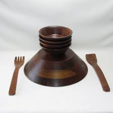 Vtg 7 Pc Vermillion Walnut Salad Bowls Servers Wood Mcm Mid Century Dinnerware Sets Walnut Salad Plates And Bowls
