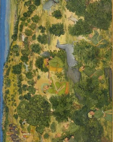 These four paintings depict hunting scenes during the Mughal period. In the first painting, Aurangzeb is shown hunting nilgais, circa 1660, while in the second, his elder brother Dara Shukoh is seen