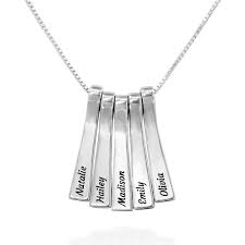 Classic white gold name necklaces; Xylophone Bar Necklace With Kids Names In Sterling Silver My Name Necklace