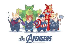 Set Number 1 Of The Corgi Avengers Is Complete I Will Be Selling Poster Sized Prints Of This Image As Well As Smaller Indiv Avengers Funny Marvel Memes Corgi