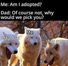 Make your own images with our meme generator or animated gif maker. Dopl3r Com Memes Me Am I Adopted Dad Of Course Not Why Would We Pick You Me My Dad My Mom