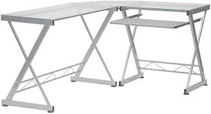Amazon Com Tempered Glass L Shape Corner Desk With Pull Out Keybaord Panel Color Clear Furniture Decor