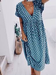Cotton Geometric Casual V Neck Dresses In 2020 Short Sleeve Summer Dresses Casual Short Sleeve Dress Maxi Dress With Sleeves