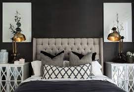 Hamptons Style Master Bedroom With Black Wall And Tufted Headboard Hamptons Style Bedrooms Master Bedroom Furniture Bedroom Decor