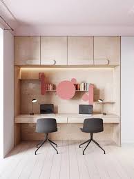 Pink Geometrical Shapes Wooden Shelves Cupboards Home Office Design Black Chairs Desk Lamps Laptop In 2020 Office Interior Design Home Office Decor Study Table Designs