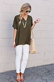 Outfit Ideas Olive Green Top White Jeans Natural Ankle Sandals White Pants Outfit Elle Apparel Sunday Outfits