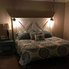 Farmhouse / country faulkner panel headboard. King Size Farmhouse Style Headboard With Rustic Lighting Remodel Bedroom Farmhouse Headboard Headboard Styles