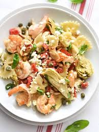Shrimp Pasta With Roasted Red Peppers And Artichokes Foodiecrush Stuffed Peppers Mediterranean Recipes Pasta Dishes