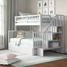 Bunk beds with stairs and background blue walls size: Three Posts Baby Kids Shyann Staircase Twin Over Full Solid Wood Standard Bunk Bed With Shelves By Three Posts Baby Kids Reviews Wayfair