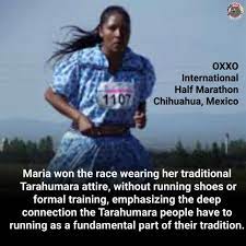 Standing - Maria Salome's inspiring victory in the OXXO international half marathon in Chihuahua, Mexico, showcases the remarkable strength and resilience of the Tarahumara indigenous women. Maria's accomplishment is not only a