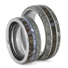 Matching Wedding Band Set With Meteorite And Dinosaur Bone 3719 Meteorite Wedding Band Set Titanium Wedding Rings Matching Wedding Band Sets