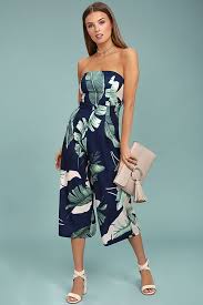 Rainforest Blooms Navy Blue Print Strapless Midi Jumpsuit Jumpsuits For Women Two Piece Dress Midi Jumpsuit