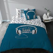 Linge De Lit Graphique Bleu Gris Casque Ado Garcon Coton Good Vibes Parure De Lit Vintage Lit Vintage Linge De Lit