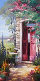 A Red Door Entwined With Romantic Roses Oilpainting A Red Door Surrounded By Romantic Roses Gives A View Of The Lands Soyut Yagliboya Soyut Resimler Tablolar