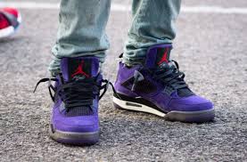 An On Feet Look At The Travis Scott X Air Jordan 4 Purple Suede Friends Family Exclusive Kicksonfire Com Air Jordans Purple Suede Sneakers