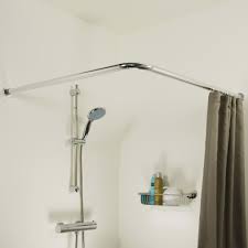 I'm interested in this curtain rod. Symple Stuff Ackley90cm L Shaped Tension Shower Curtain Rail Wayfair Co Uk