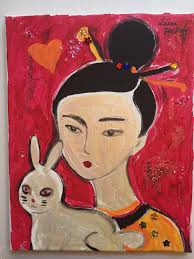 Original Acrylic Textured Painting, Lady and Her Pet-bunny Ready to Hang,  Whimsical Art, Fashionable, Canvas, Embellished With Crystals