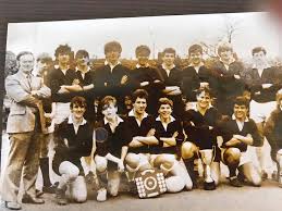 1984 first XV with the Lanarkshire schools league and cup trophies . Back  row ( l to r) Ian Valentine, Alan Kent, Richard Wilson Alistair Carson,  Raymond McDermot, Gordon Steven, Derek Cree,