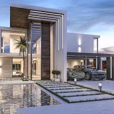 One with gadgets and gizmos aplenty where everything is automated? Futuristic House Small Water Pool Landscaping Ideas Tall Palm Tree Small Patches Of Grass On Th Facade House House Architecture Design Dream House Exterior