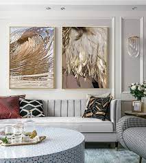 Luxury Golden Feathers Wall Art Fine Art Canvas Prints Glam Home Decor Feather Wall Art Living Room Art Decor