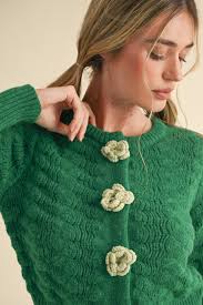 Marcy Textured Sweater Cardigan with Rosette Detail