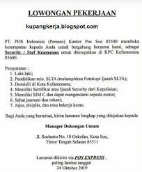 Jun 18, 2021 · selain itu juga diserahterimakan aset rumah khusus sebanyak 28 unit di kelas i batu, nusakambangan, jawa tengah, 7 unit rumah khusus di kantor imigrasi ii tpi atambua, ntt, 10 unit rumah khusus di lembaga pemasyarakatan kelas ii a kerobokan, bali dan 10 unit rumah khusus di lasa kelas i medan, tanjung gusta sumatera utara. Lowongan Kerja Pt Pos Indonesia Cabang Soe Lowongan Kerja Kupang