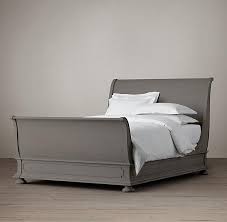 Deconstructed chesterfield sleigh fabric bed with footboard bench. St James Grey Sleigh Bed With Footboard
