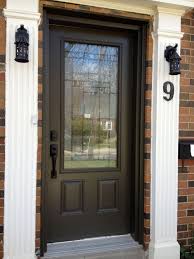 Beauteous Dark Brown Color Wooden Front Door With Glass Also Bronze Color Metal Handles And Ora Steel Front Entry Doors Entry Doors With Glass Metal Front Door