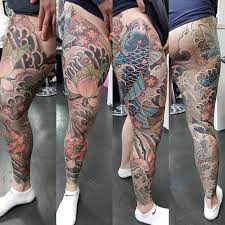 Triple Koi Lotus And Cherry Blossom Leg Sleeve By Ning Authentink Sydney Japanese Leg Tattoo Leg Tattoos Koi Tattoo Sleeve