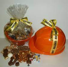Caution Chocolate Danger Hard Hat Gift Container Is A Delightful Gourmet Cap Style Hard Hat With 6 Gift Containers Chocolate Graham Cookies Xmas Gift Baskets