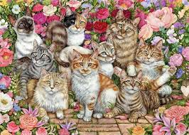 Packaged in a tube box with a poster guide, half the size of the puzzle. Floral Cats 1000 Pieces Falcon Jigsaws