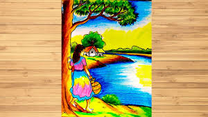 How to Draw Village Girl Collect Water from Pond | Village Scenery Drawing  with Oil Pastel