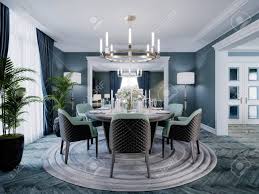 With our incomparable selection of dining room furniture, buffet tables, and accessories, you'll have no trouble finding the ideal sideboard for your dining room what are sideboards and buffet tables used for? Modern Luxurious Dining Room In Blue White And Black Color With A Large Round Served Table And Chairs 3d Rendering Stock Photo Picture And Royalty Free Image Image 150502834
