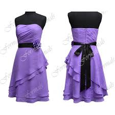 Strapless Knee Length Purple With Black Sash Chiffon Short Bridesmaid 99 Liked On Polyvore Prom Dresses Short Purple Short Dress Knee Length Prom Dress