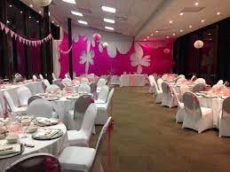 Looking for an outside the living room place to host it? Pink Girl Baby Shower Venue Setup Baby Shower Venues Girl Baby Shower Baby Shower