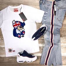 Exclusive Apparel Footwear On Instagram Clickbuy Swipe White Teddy Tee New Red Stripe Lig Stylish Mens Outfits Mens Casual Outfits Swag Outfits Men