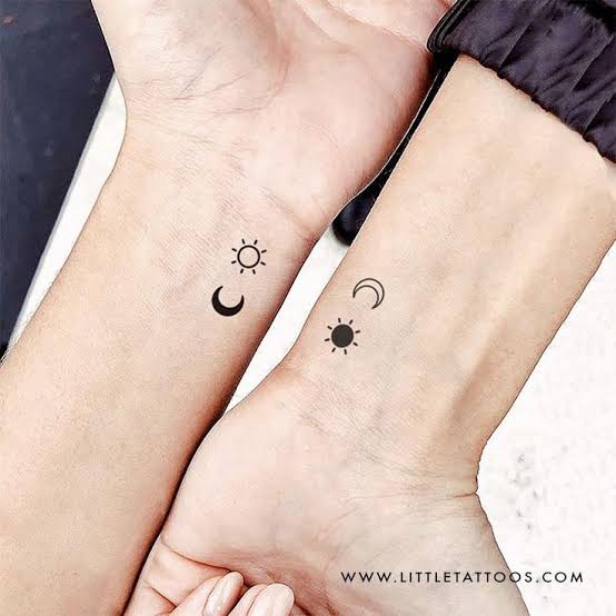Sun and moon tattoo separate | Tiny sun and moon tattoo matching, Small matching tattoos, Matching