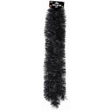 Threads, strips, or sheets of metal, paper, or plastic used to produce a glittering and sparkling appearance in fabrics, yarns, or decorations. 9 Foot Metallic Black Tinsel Garland Case Of 12 99307