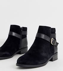 A pair of leather ruched boots with a zipper on both sides. New Look Wide Fit Suede Buckle Detail Flat Boots In Black Shopstyle