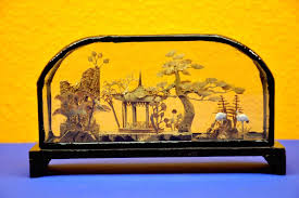 No damage to encased embroidery, glass, or wooden frame. Vintage Chinese Cork Carvings Diorama Available At Shop Kusera