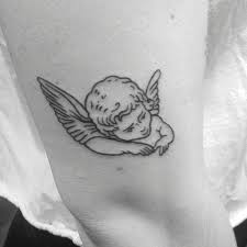 These are the cutest angel tattoo which one can get. Yankeedoodlezart On Twitter Little Cherub Right Above The Elbow These Have To Be One Of My Favorites To Do Because They Are Beyond Cute Ydart Cherubtattoo Lineworktattoo Elbowtattoo Tattoo Wings Baby