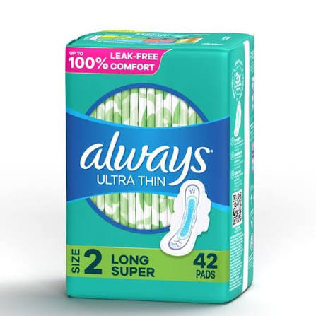 Always Ultra Thin Pads with Wings, Size 2, Long, Super AbsorbencyPack of 42