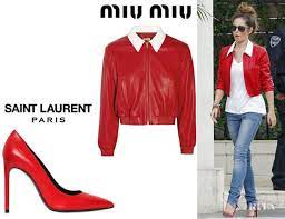 Cheryl Cole S Miu Miu Leather Bomber Jacket And Saint Laurent Paris Leather Pumps Red Carpet Fashion Awards Leather Bomber Jacket Saint Laurent Paris Leather Bomber