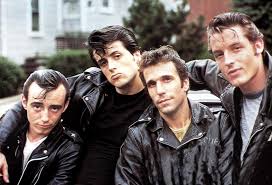 Paul Mace, Sylvester Stallone, Henry Winkler, and Perry King on location  shooting 'The Lords Of Flatbush' (1974). Perry King took over from Richard  Gere when Gere was fired from the Film, and