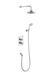 Shower faucet set package includes: Trent Thermostatic Dual Outlet Concealed Divertor Shower Valve Fixed Shower Arm Handset Holder With Hose With Rose Chrome With White Accent And 6 Rose Sku Tf2s V16 Burlington Bathrooms