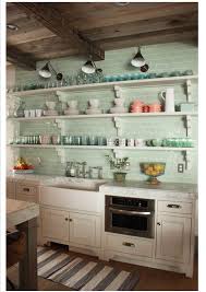 Sea Glass Green Subway Tile Backsplash And Open Shelves So Pretty Home Kitchens Kitchen Remodel Kitchen Inspirations