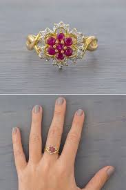 14k Gold Ruby Flower Ring Vintage Two Tone Gold Ruby Diamond Ring 1980s Retro Anniversary Gift Wife Girlfrien Gold Finger Rings Ruby Diamond Rings Jewelry