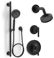 Furthermore, this kohler shower head comes with a usb charging cable and a wireless speaker to bring music to the bathroom. Kohler Kss Purist 4 Rths Bl Matte Black Purist Pressure Balanced Shower System With Shower Head Hand Shower Valve Trim And Shower Arm Faucet Com